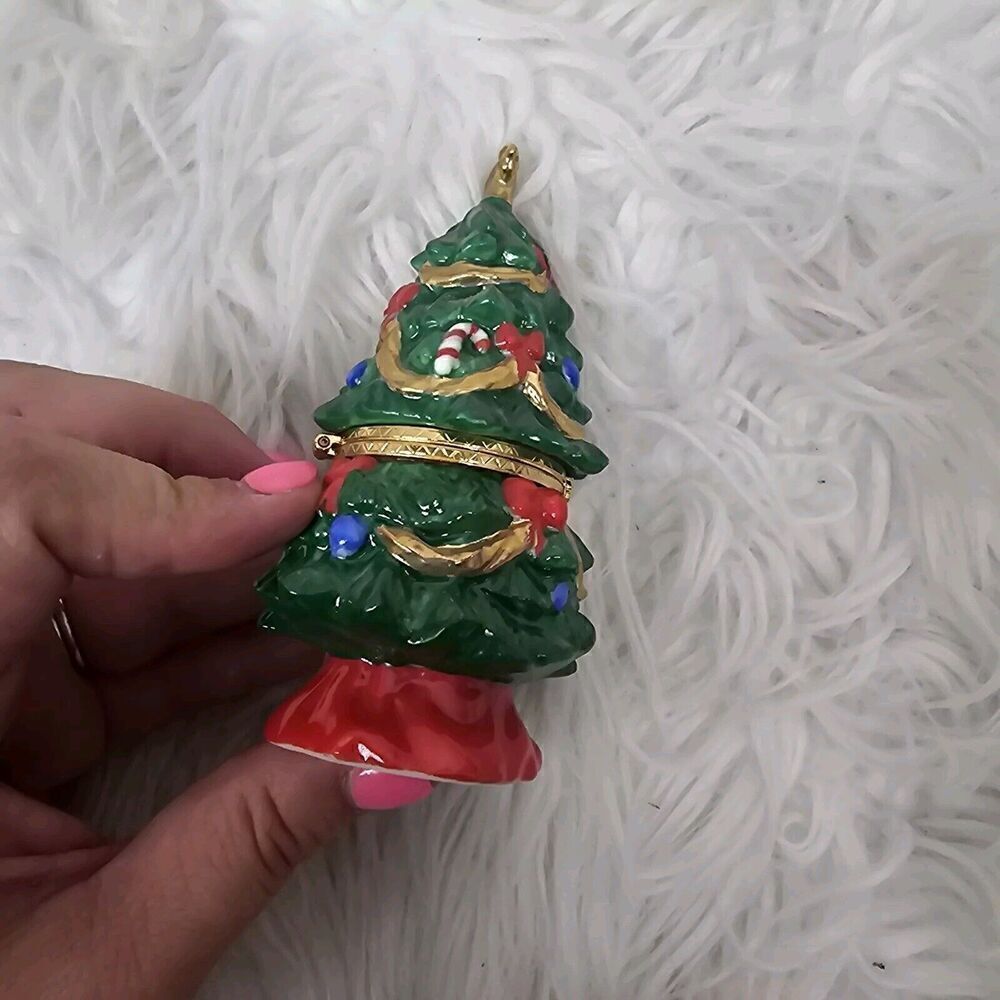 "A Cup Of Christmas Tea" Hinged Trinket Box Christmas Tree Green - Picture 4 of 8